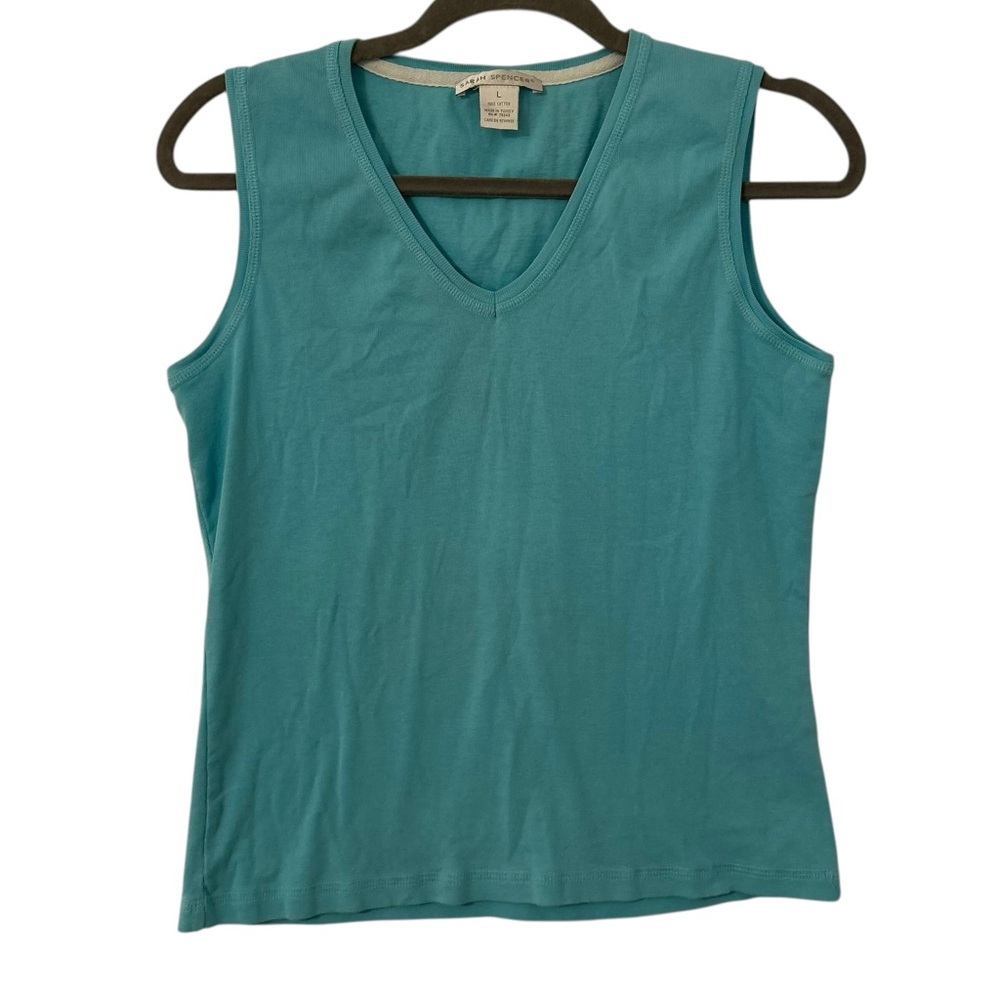 Teal Blue Sarah Spencer Cotton Tank Top Shirt V-Neck Design Women’s Size Large!